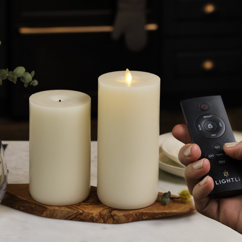 Wick-to-Flame pillar candles with remote